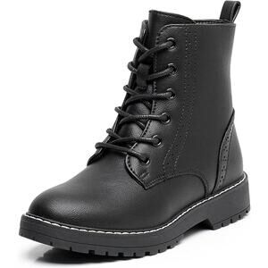 Apakowa Girls Size 5 Black Faux Leather Combat Boots Side Zipper Ankle Booties